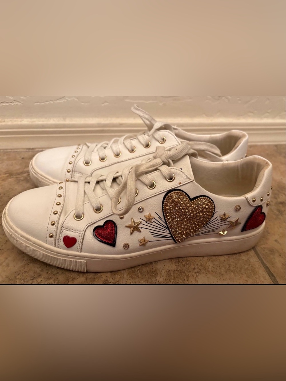 Women's White Fashion Sneakers with Heart and Star Embellishments